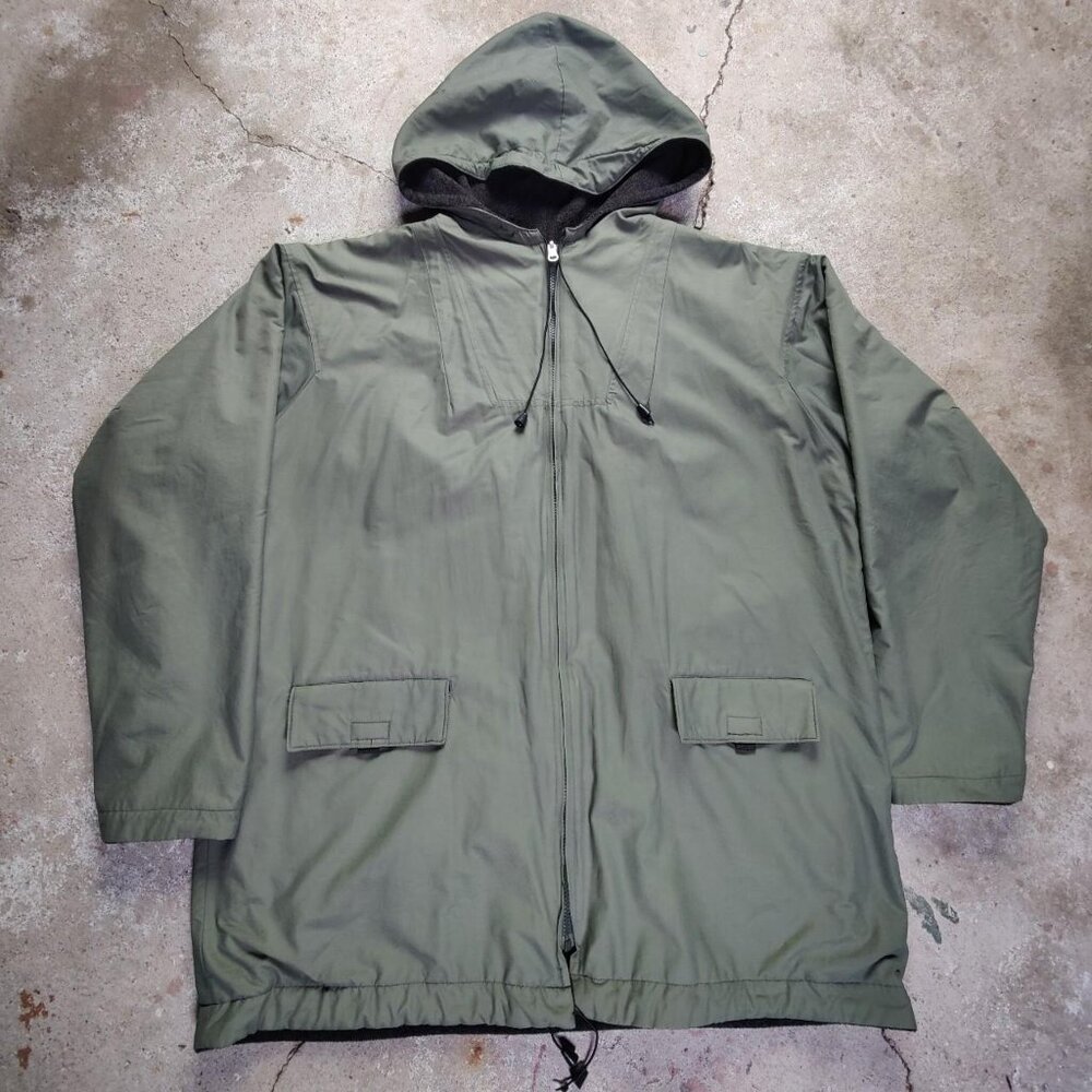 Vintage reversible green/grey military fleece lined long jacket men's large
